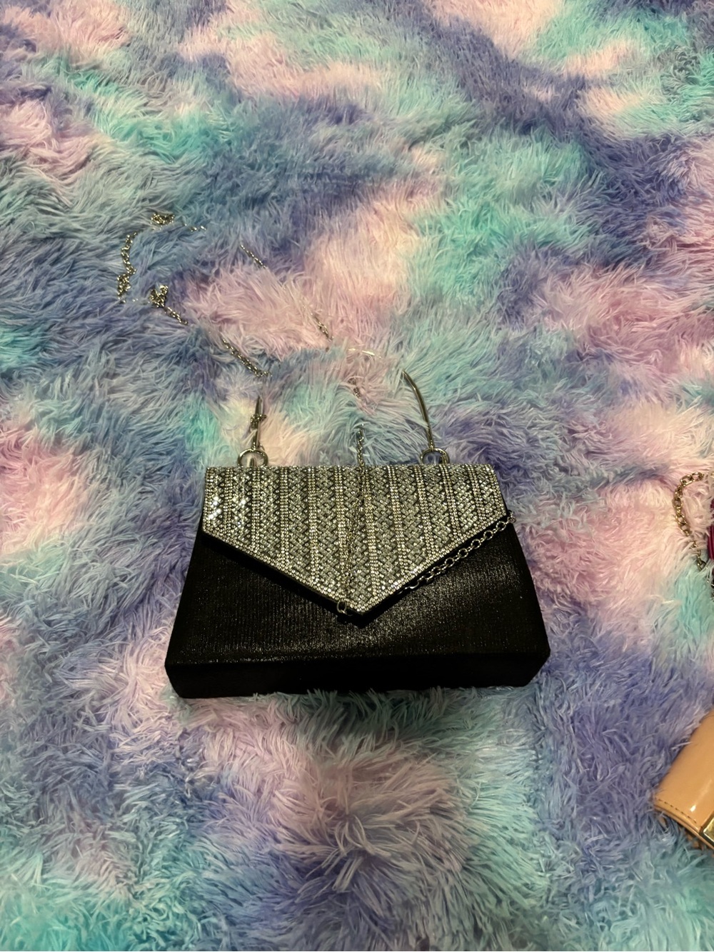 Black and Silver Evening Clutch Bag with Chain Strap